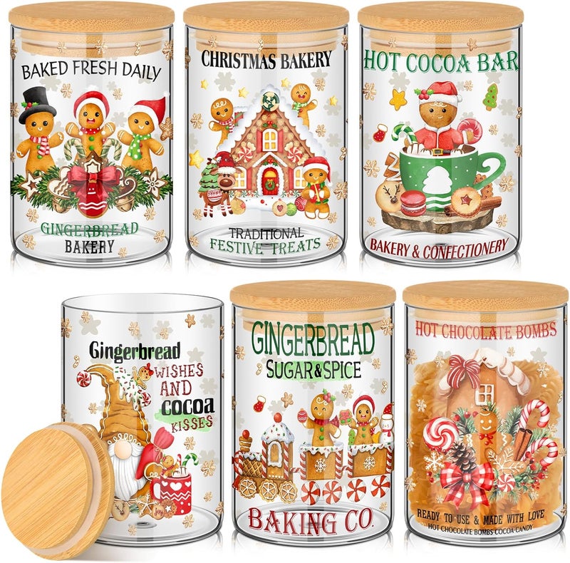 Shellwei 6 Pcs Christmas Glass Storage Jar with Airtight Bamboo Lid Gingerbread Man Clear Cookie Candy Storage Christmas Canister Set 19oz for Kitchen Containers Countertop Decoration - Image 1
